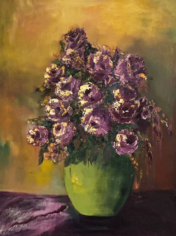 Purple Roses in a Green Vase