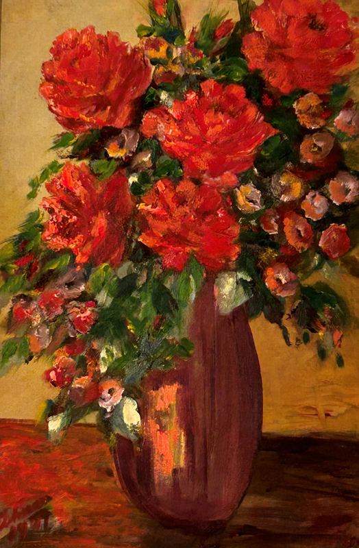 Red Blooms in a Tall Vase